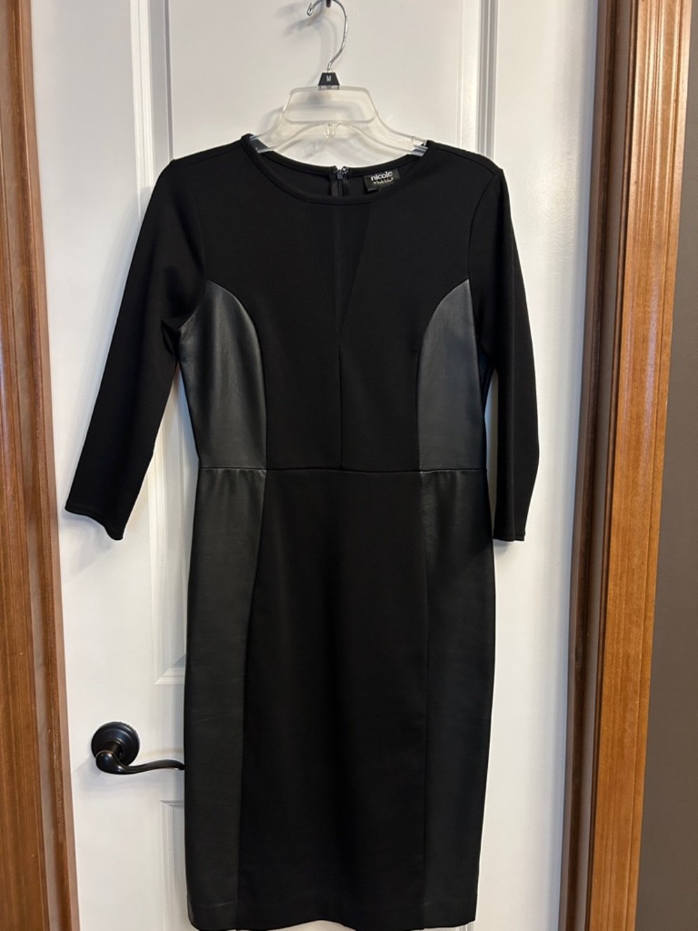 Nicole Miller Black Faux-Leather Panel Midi Dress